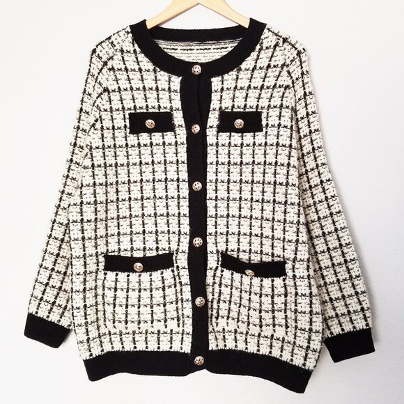 Oversized Tweed Textured Knit Cardigan Jacket Sweater OS Chunky Knit Pockets - Picture 2 of 16